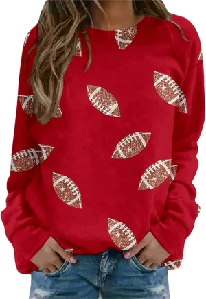 Rvidbe Game Day Shirts Women,Womens Sparkle Football Sequin Rugby Sweatshirt Game Day Crewneck Shirts Long Sleeve Pullovers