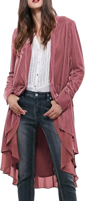 R.Vivimos Womens Ruffled Asymmetric Long Velvet Blazers Coat Casual Jackets