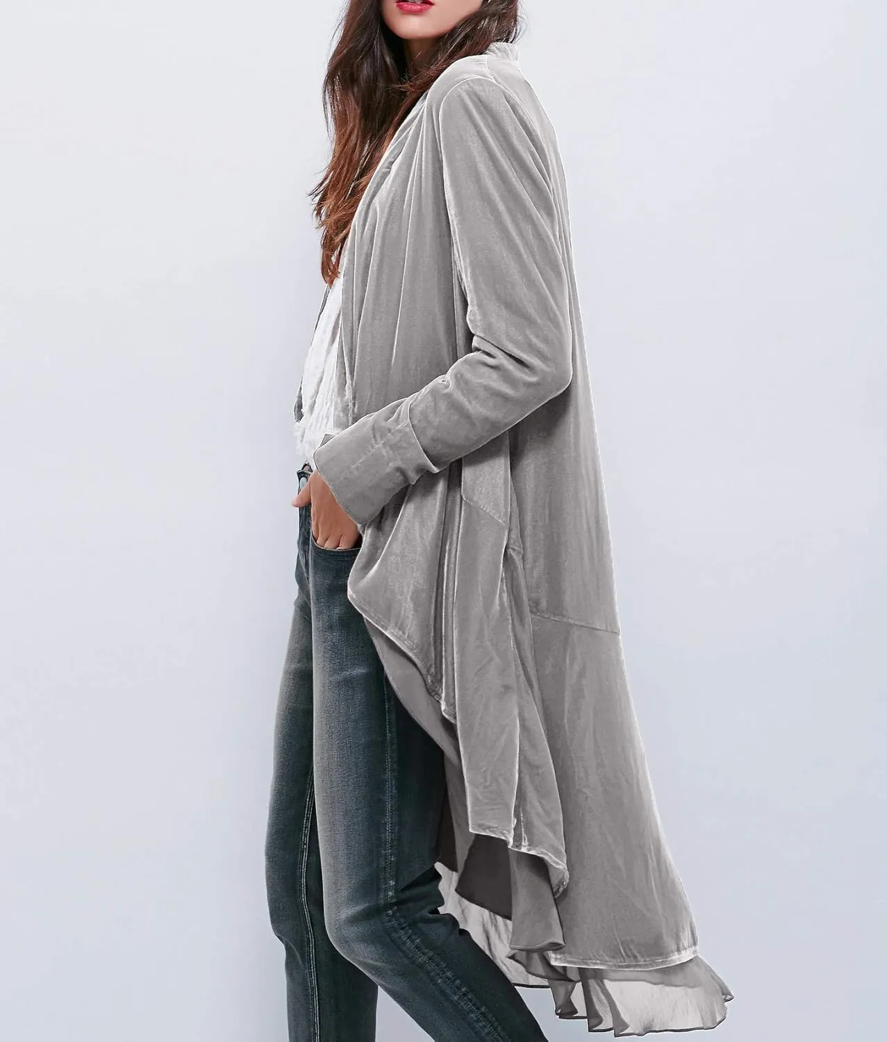 R.Vivimos Womens Ruffled Asymmetric Long Velvet Blazers Coat Casual Jackets