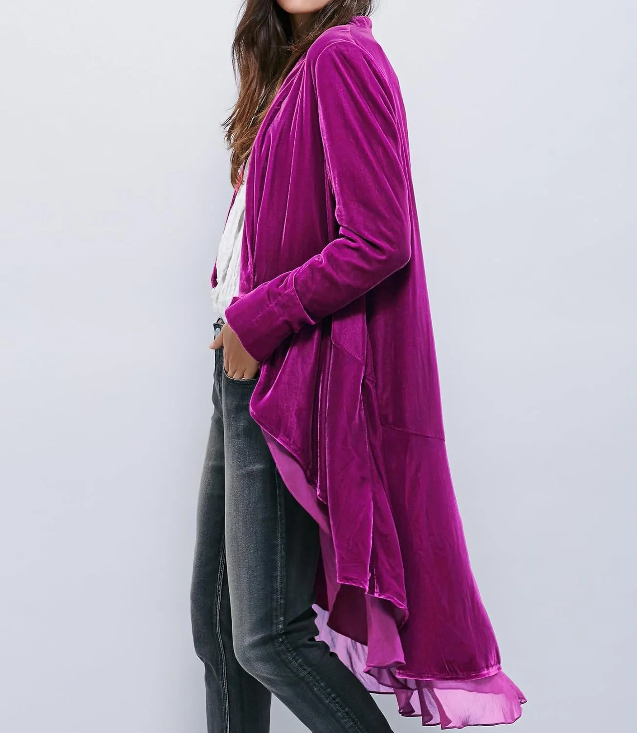 R.Vivimos Womens Ruffled Asymmetric Long Velvet Blazers Coat Casual Jackets