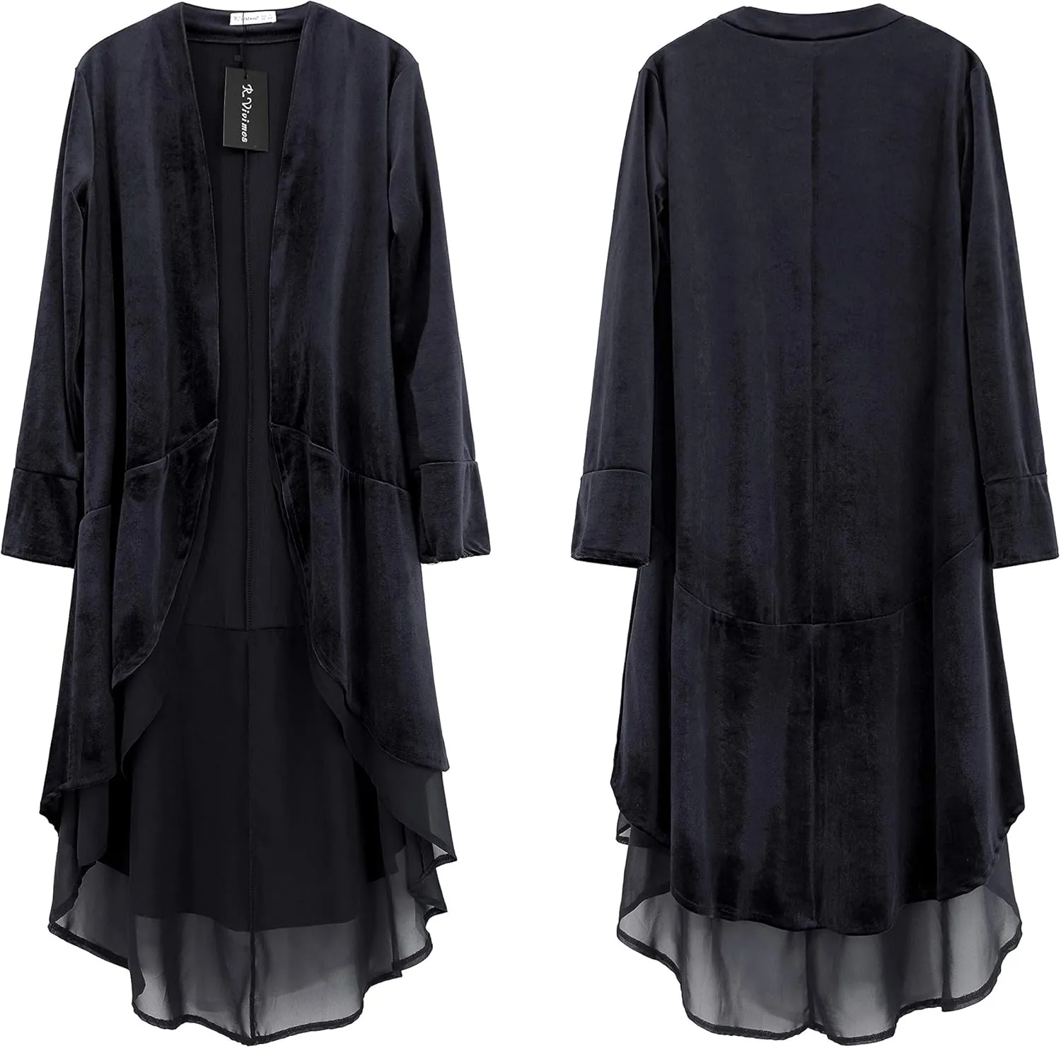 R.Vivimos Womens Ruffled Asymmetric Long Velvet Blazers Coat Casual Jackets