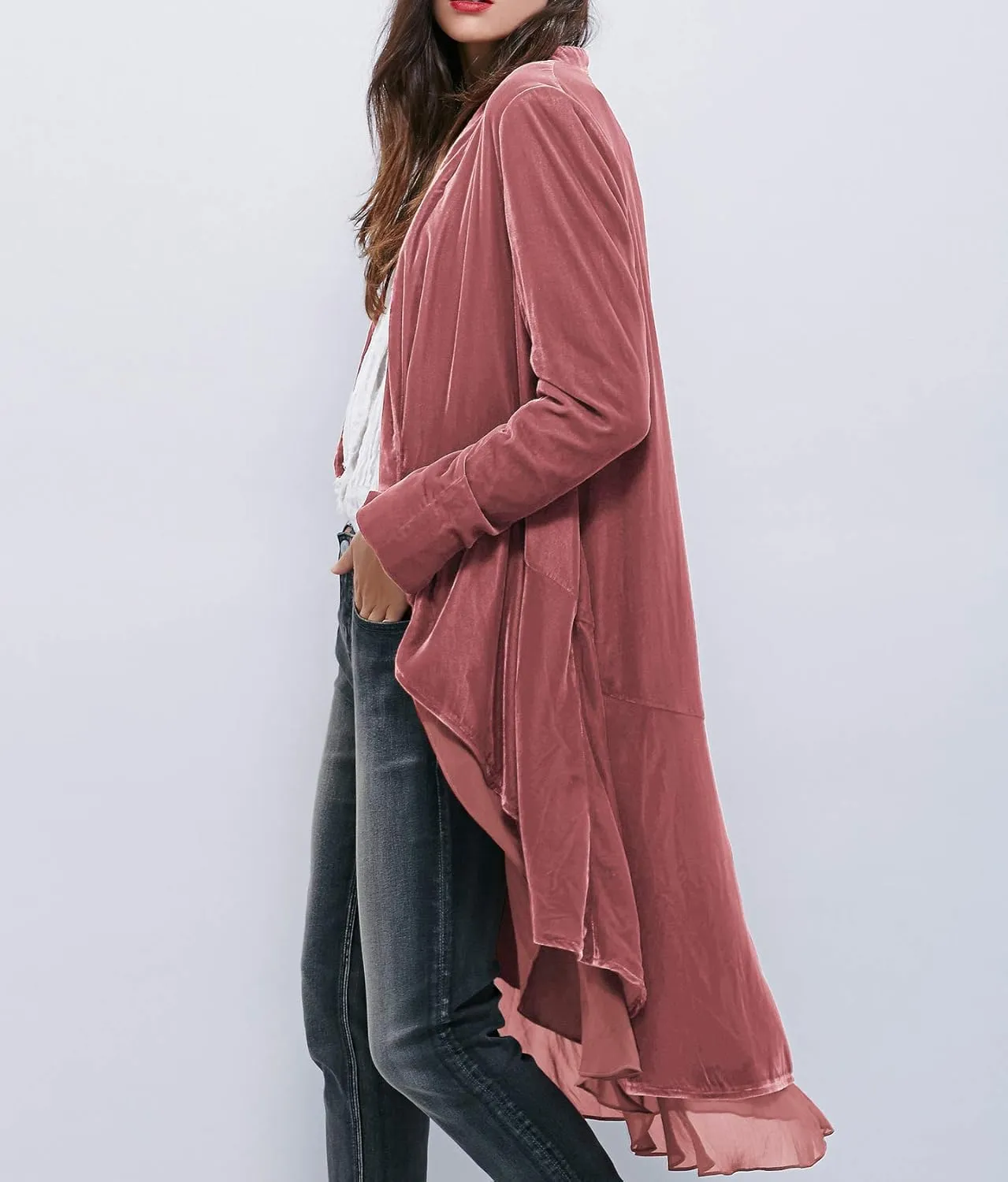 R.Vivimos Womens Ruffled Asymmetric Long Velvet Blazers Coat Casual Jackets