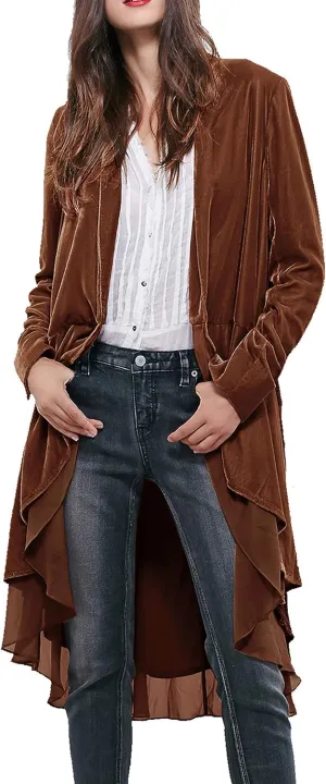 R.Vivimos Womens Ruffled Asymmetric Long Velvet Blazers Coat Casual Jackets