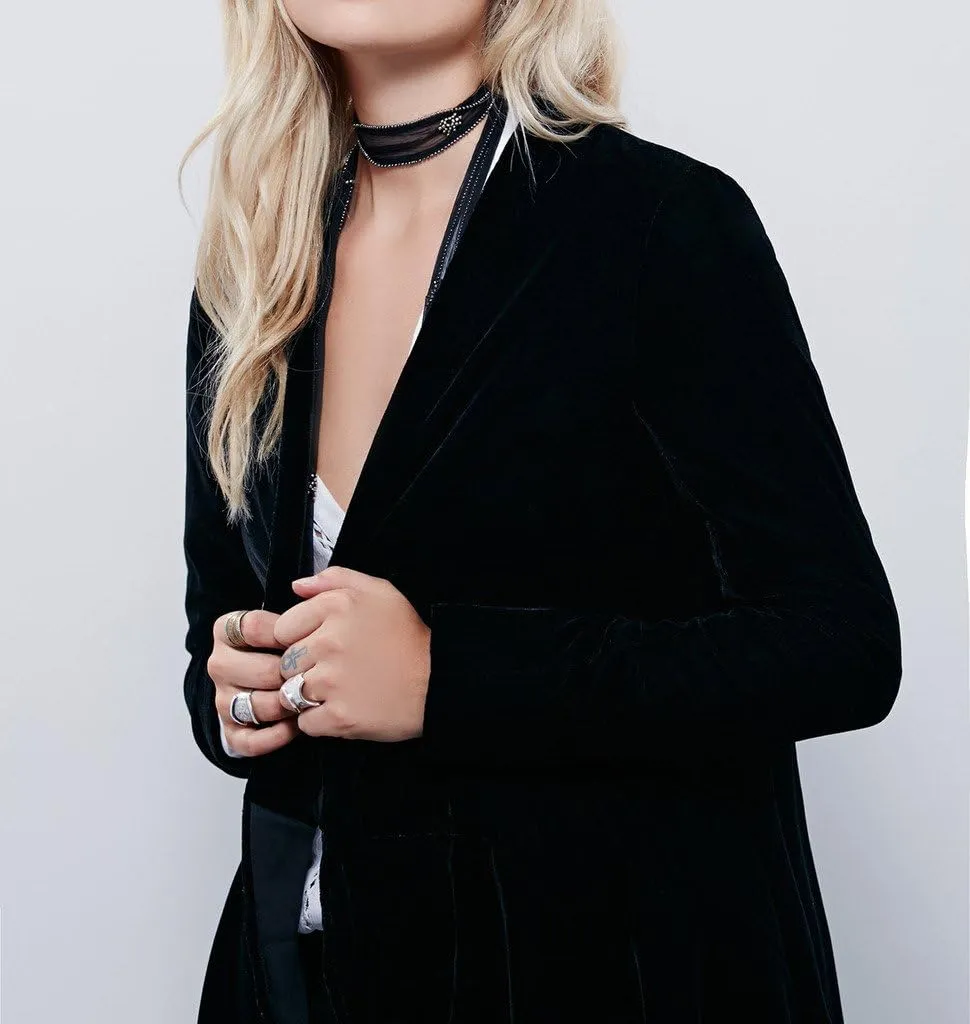 R.Vivimos Womens Ruffled Asymmetric Long Velvet Blazers Coat Casual Jackets