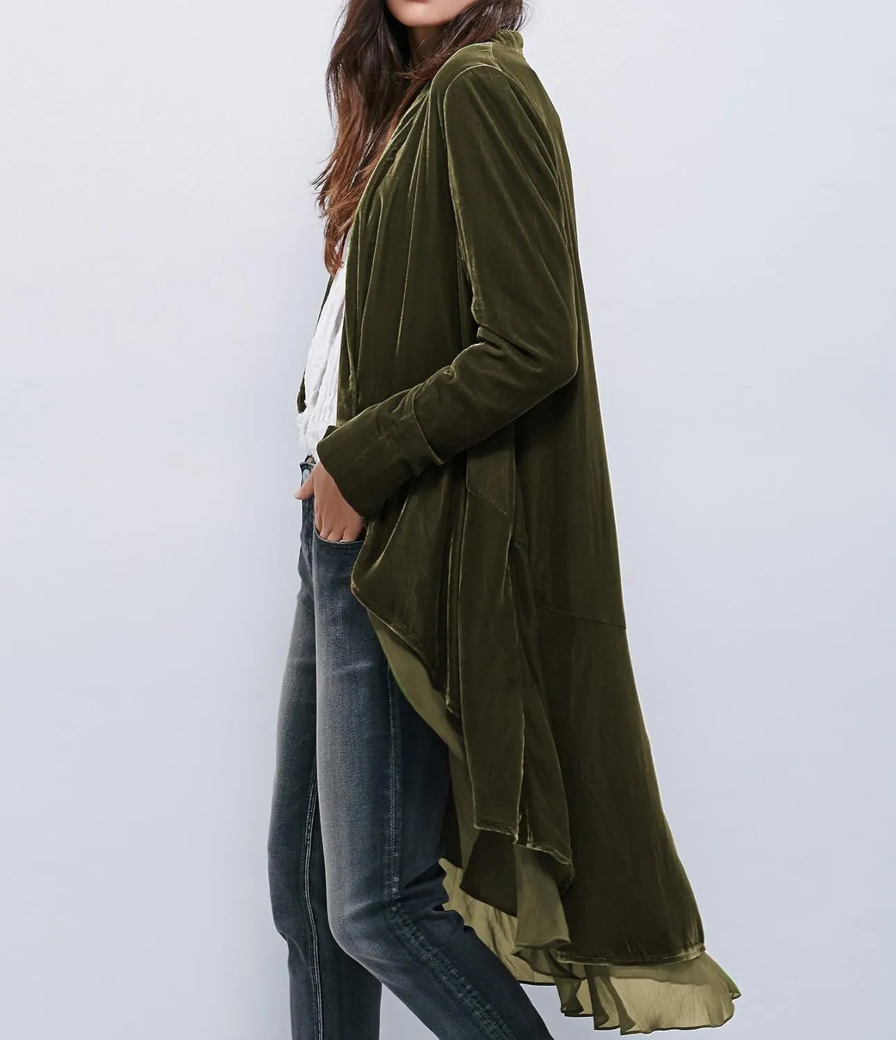 R.Vivimos Womens Ruffled Asymmetric Long Velvet Blazers Coat Casual Jackets