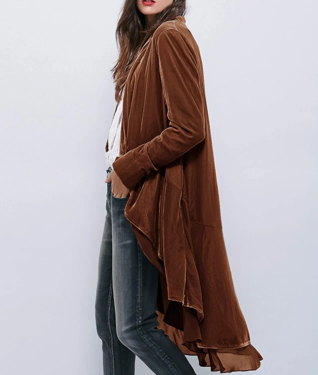R.Vivimos Womens Ruffled Asymmetric Long Velvet Blazers Coat Casual Jackets