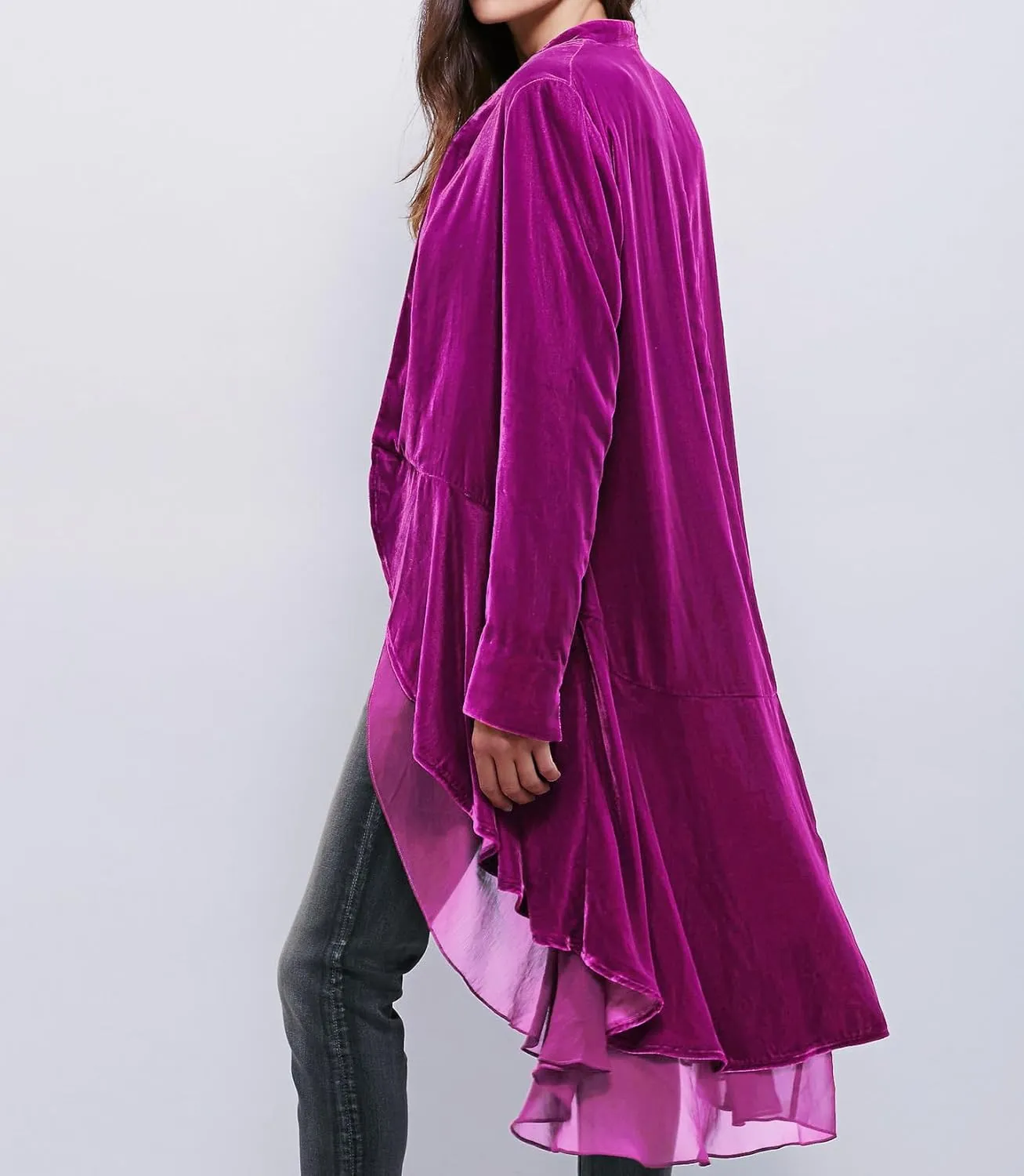 R.Vivimos Womens Ruffled Asymmetric Long Velvet Blazers Coat Casual Jackets