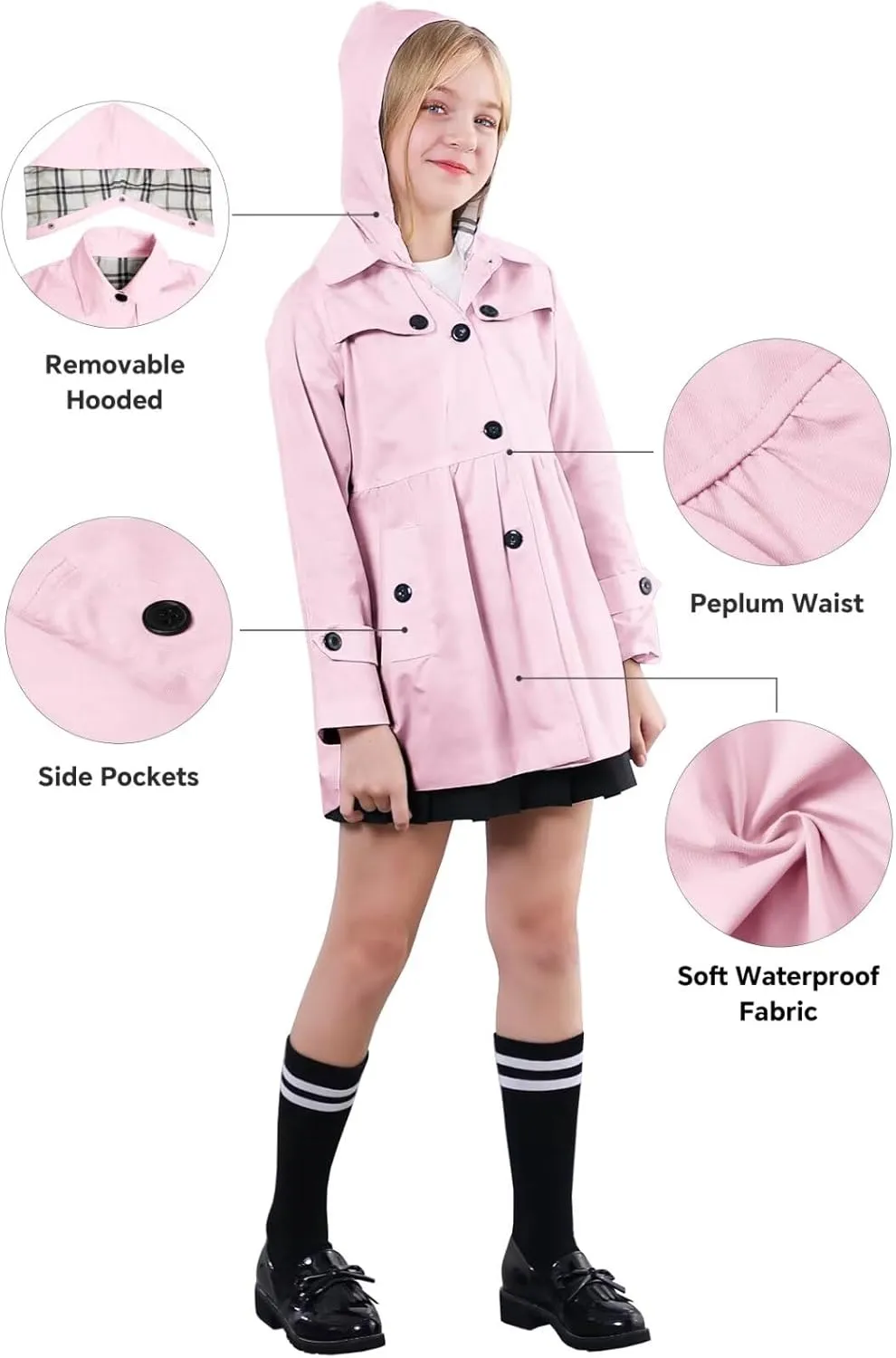 SANGTREE Girl's Waterproof Trench Coat Hooded Lightweight Rain Jackets