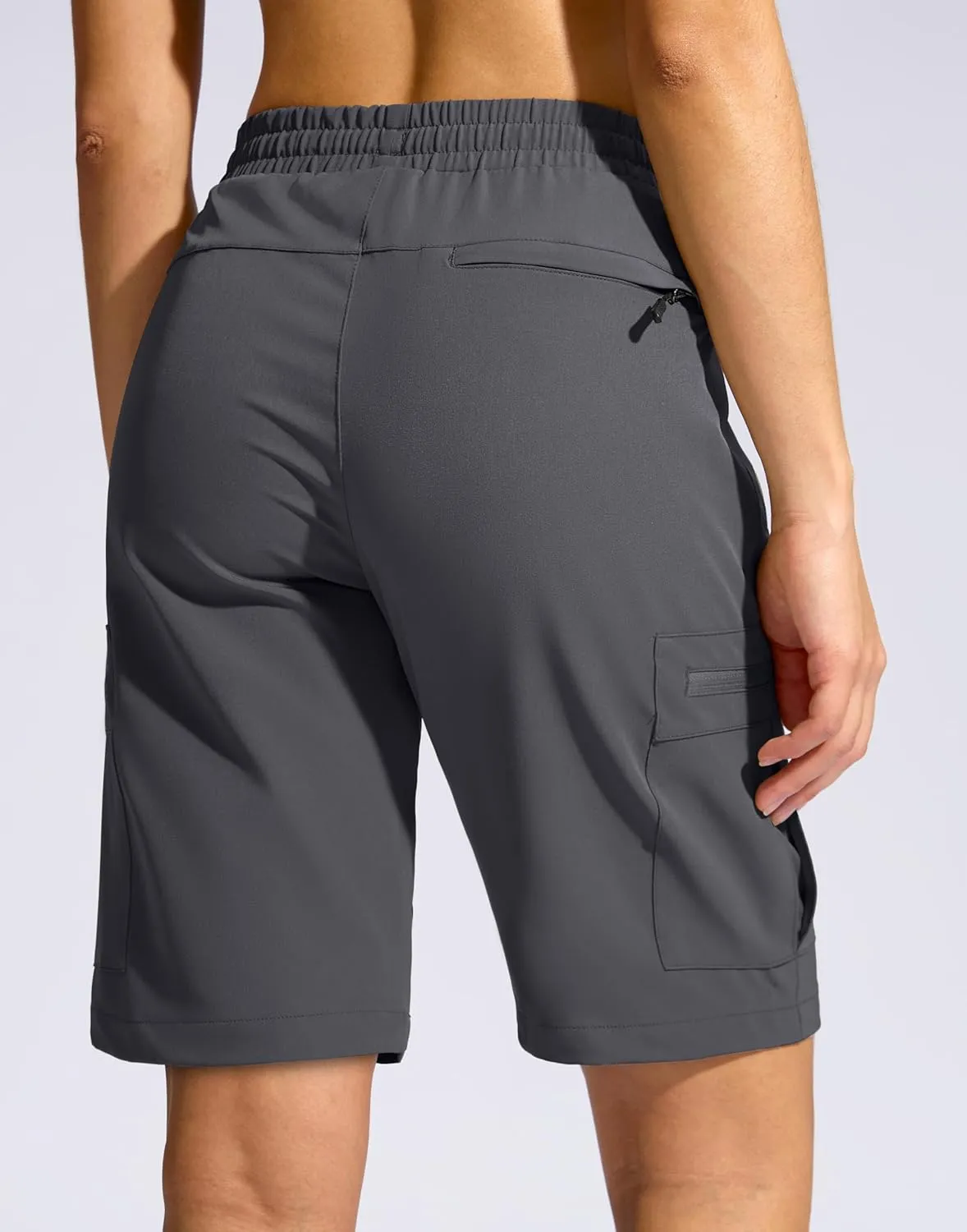 SANTINY Women's 10'' Lightweight Hiking Cargo Shorts with 5 Zipper Pockets Quick Dry Summer Long Travel Golf Shorts for Women