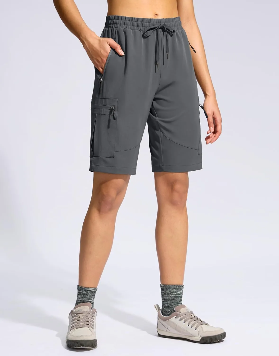 SANTINY Women's 10'' Lightweight Hiking Cargo Shorts with 5 Zipper Pockets Quick Dry Summer Long Travel Golf Shorts for Women