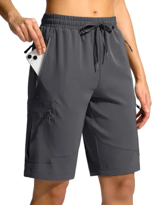 SANTINY Women's 10'' Lightweight Hiking Cargo Shorts with 5 Zipper Pockets Quick Dry Summer Long Travel Golf Shorts for Women