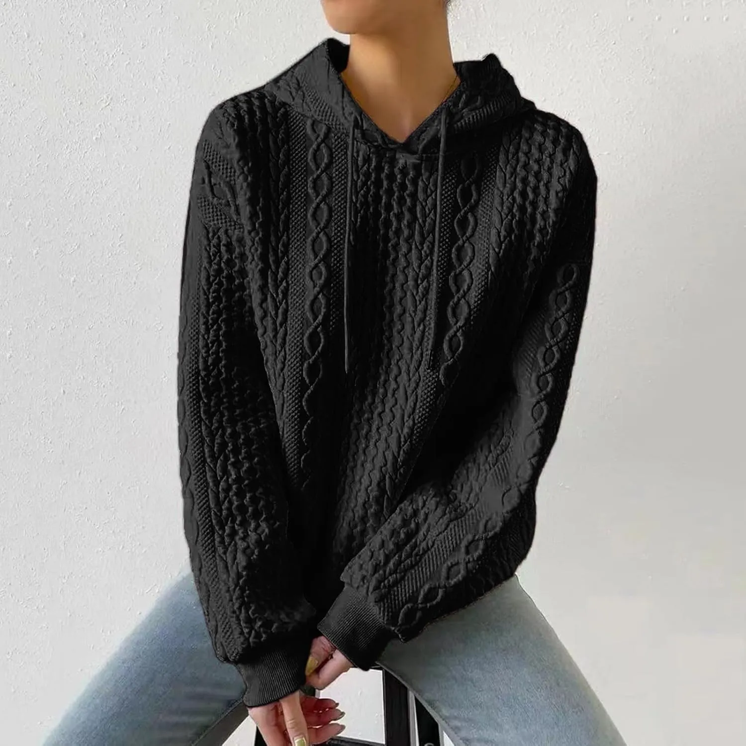 SHAOBGE Front L Women's Textured Long Sleeve Drop Shoulder Drawstring Pullover Solid Hoodie Top