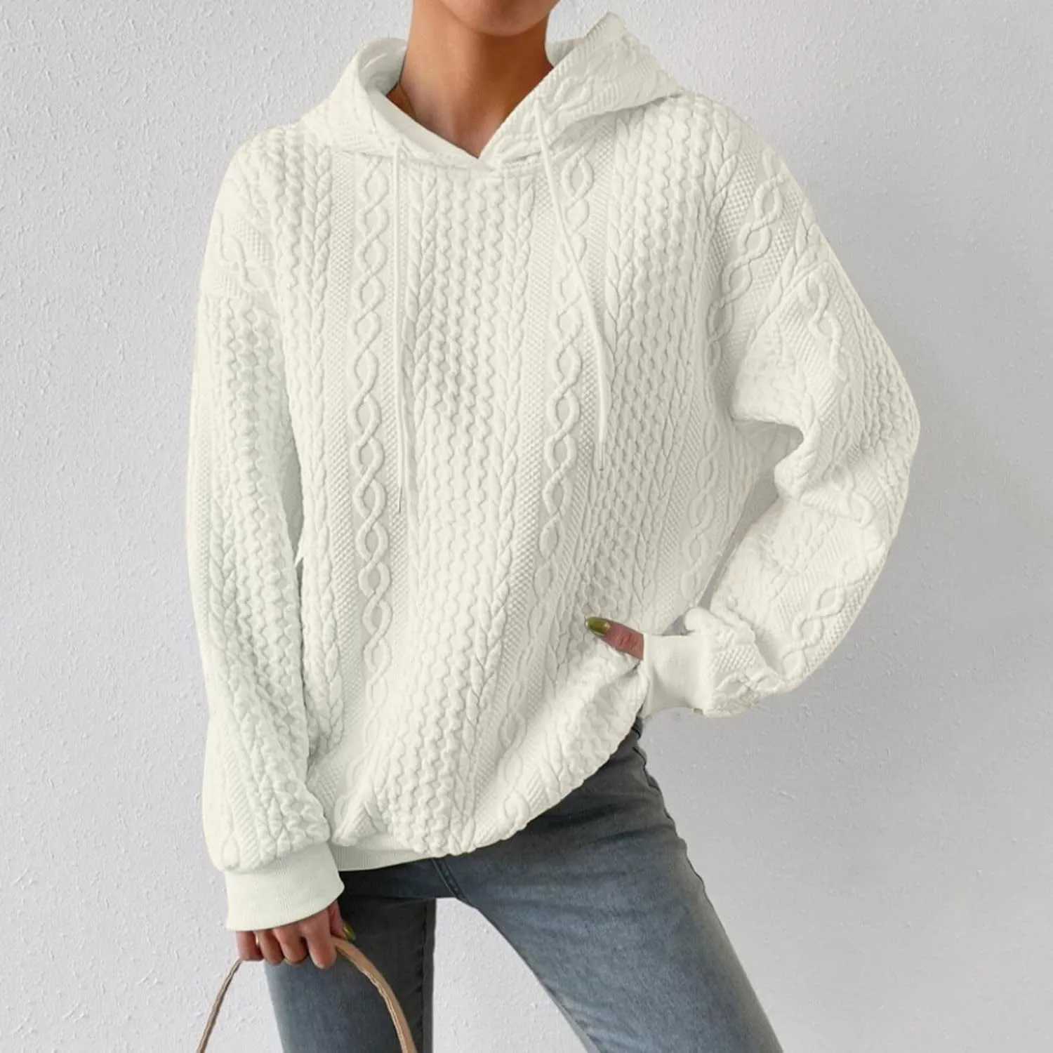 SHAOBGE Front L Women's Textured Long Sleeve Drop Shoulder Drawstring Pullover Solid Hoodie Top