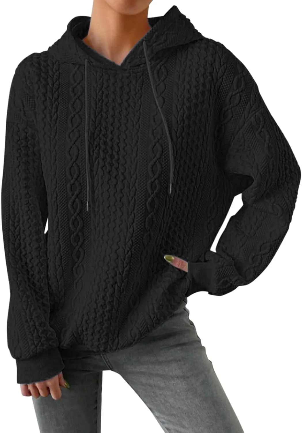 SHAOBGE Front L Women's Textured Long Sleeve Drop Shoulder Drawstring Pullover Solid Hoodie Top