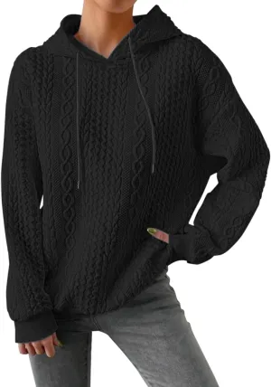 SHAOBGE Front L Women's Textured Long Sleeve Drop Shoulder Drawstring Pullover Solid Hoodie Top