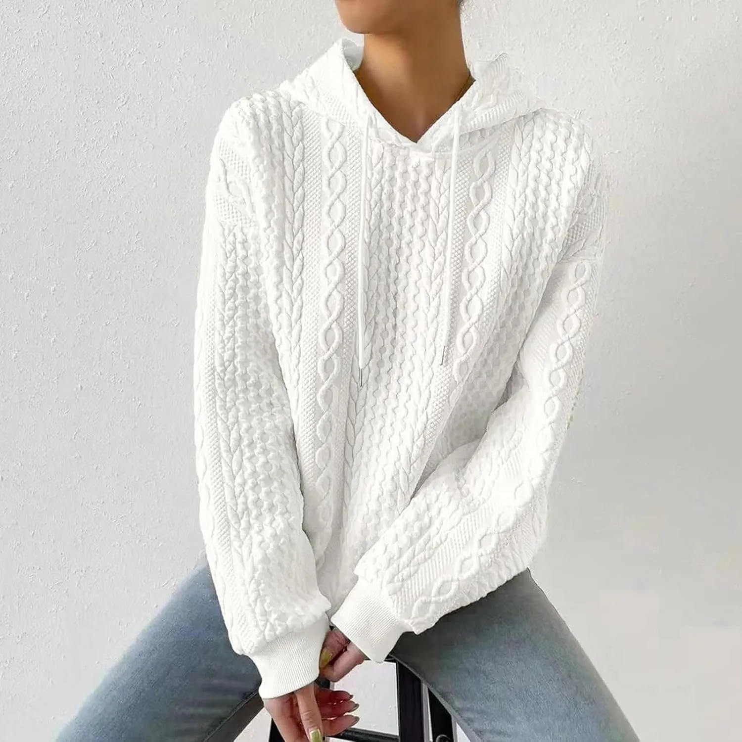 SHAOBGE Front L Women's Textured Long Sleeve Drop Shoulder Drawstring Pullover Solid Hoodie Top