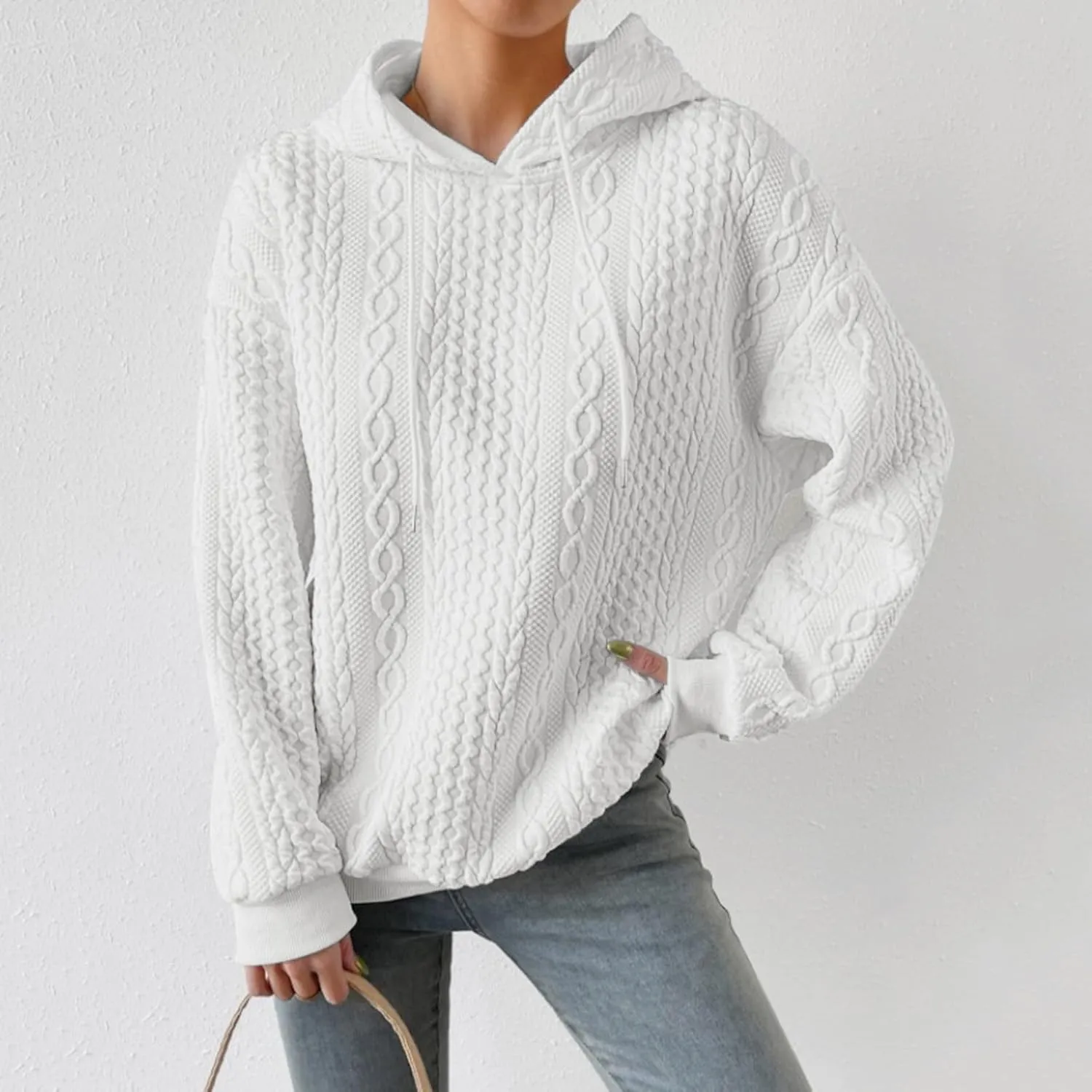 SHAOBGE Front L Women's Textured Long Sleeve Drop Shoulder Drawstring Pullover Solid Hoodie Top