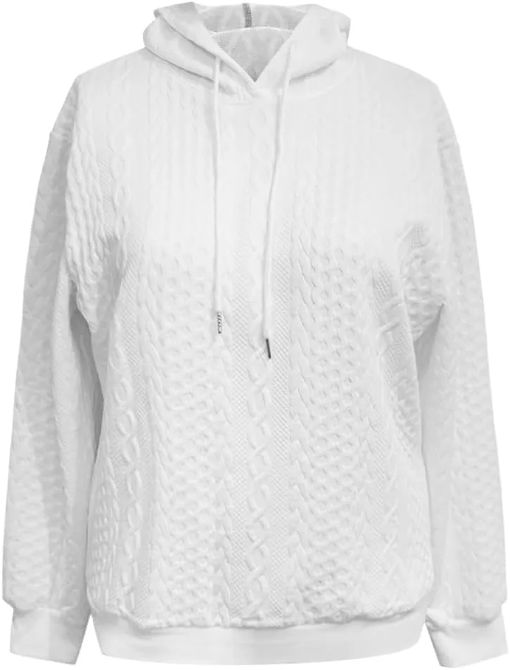 SHAOBGE Front L Women's Textured Long Sleeve Drop Shoulder Drawstring Pullover Solid Hoodie Top