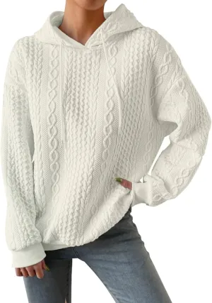 SHAOBGE Front L Women's Textured Long Sleeve Drop Shoulder Drawstring Pullover Solid Hoodie Top