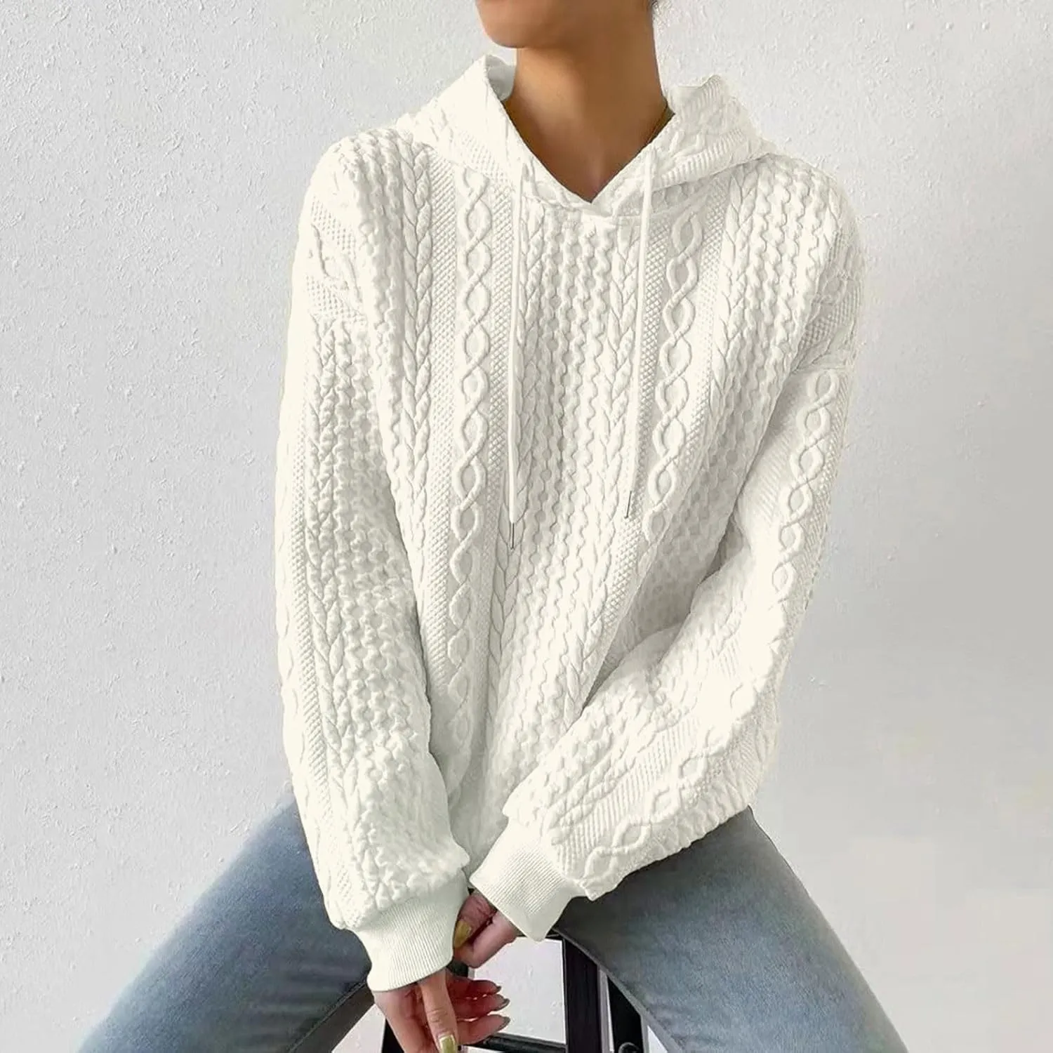 SHAOBGE Front L Women's Textured Long Sleeve Drop Shoulder Drawstring Pullover Solid Hoodie Top
