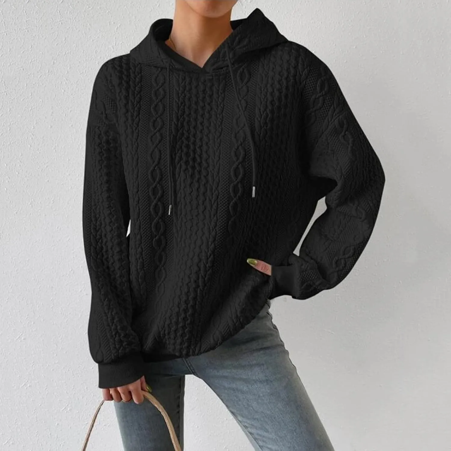 SHAOBGE Front L Women's Textured Long Sleeve Drop Shoulder Drawstring Pullover Solid Hoodie Top