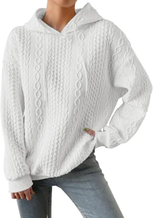 SHAOBGE Front L Women's Textured Long Sleeve Drop Shoulder Drawstring Pullover Solid Hoodie Top