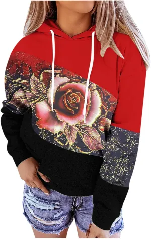 SHAOBGE Sweatshirts Baggy Women's Patchwork Floral Printed Sweatshirts Hoodie Casual Long Sleeve Women Hooded Sweatshirt