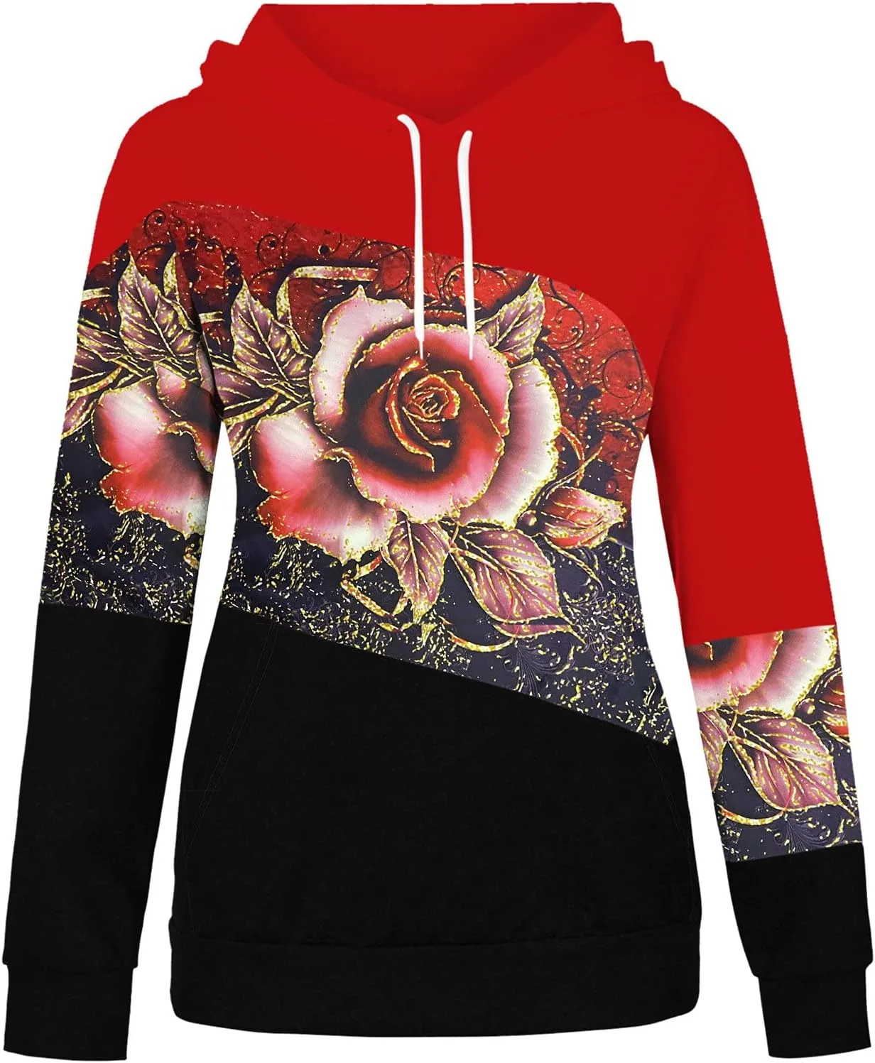 SHAOBGE Sweatshirts Baggy Women's Patchwork Floral Printed Sweatshirts Hoodie Casual Long Sleeve Women Hooded Sweatshirt