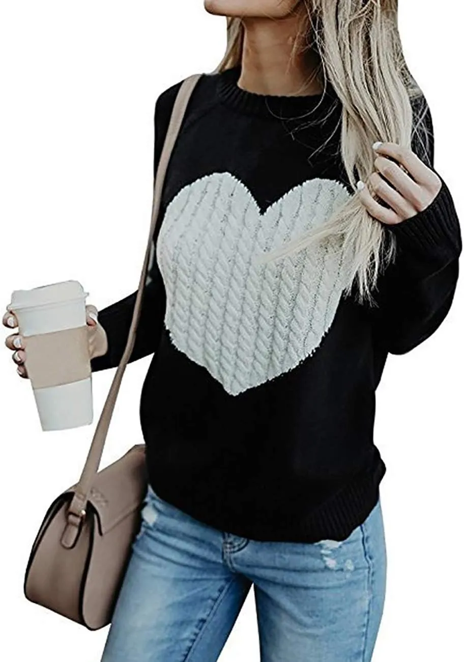 shermie Women's Pullover Sweaters Long Sleeve Crew Neck Cute Heart Knitted Casual Sweater