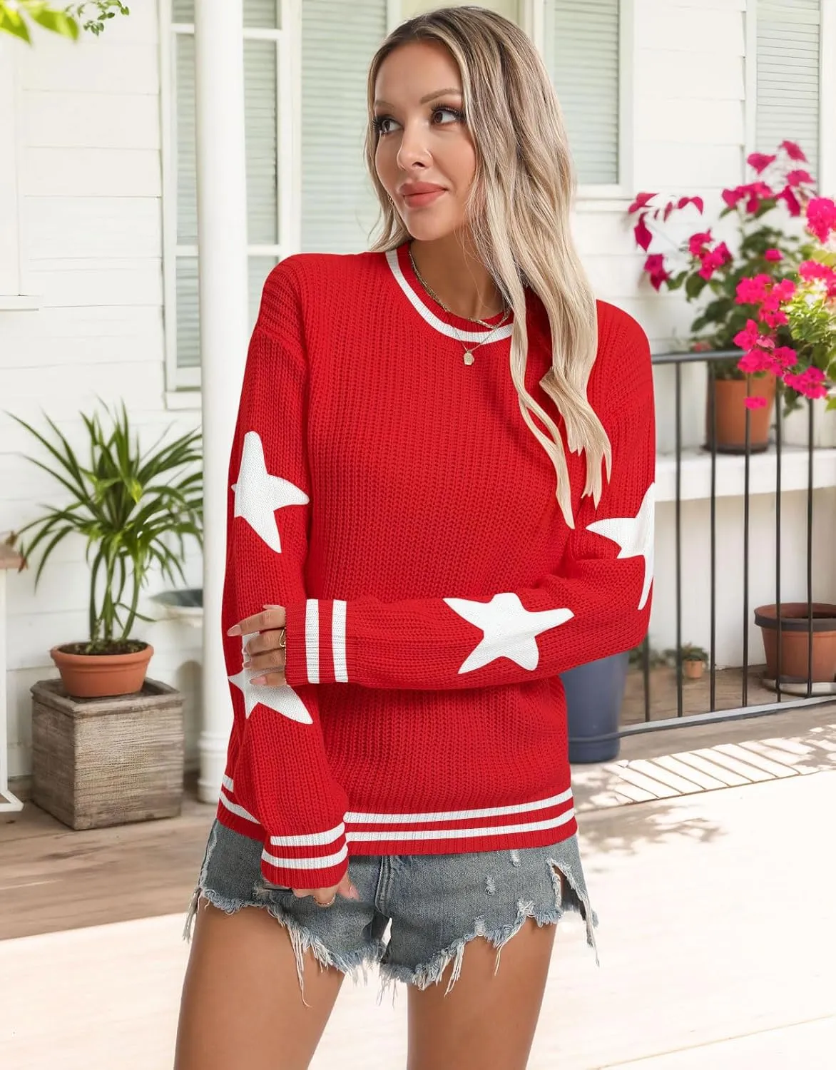 shermie Women's Star Graphic Knitted Pullover Sweaters Long Sleeve Crew Neck Casual Sweater