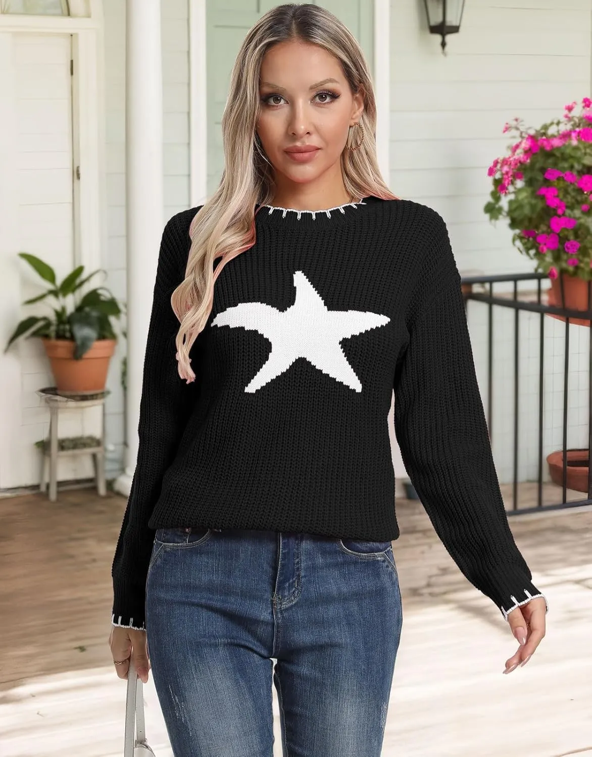 shermie Women's Star Graphic Knitted Pullover Sweaters Long Sleeve Crew Neck Casual Sweater