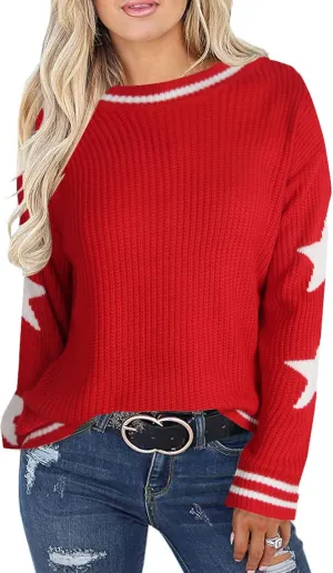 shermie Women's Star Graphic Knitted Pullover Sweaters Long Sleeve Crew Neck Casual Sweater