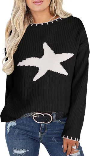 shermie Women's Star Graphic Knitted Pullover Sweaters Long Sleeve Crew Neck Casual Sweater