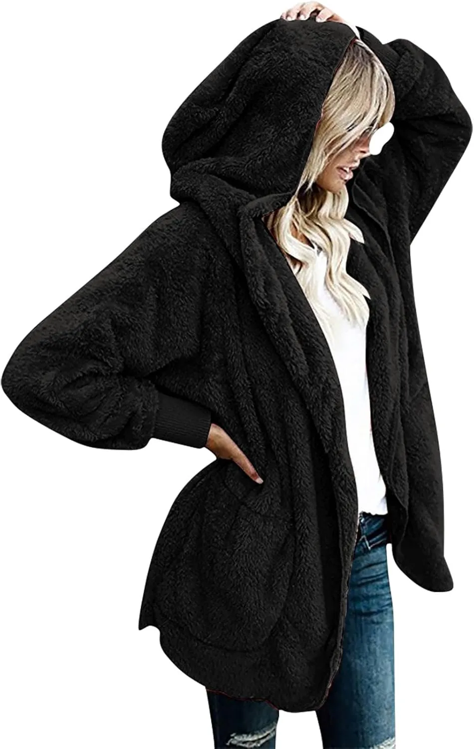 Sherpa Jacket Women Oversized Hooded Fuzzy Fleece Jackets with Pocket Warm Cozy Hoodie Cardigan Coat Plus Size