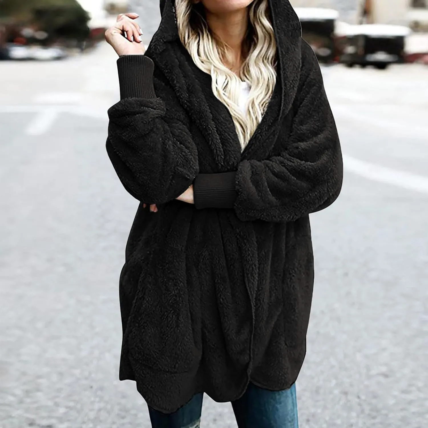 Sherpa Jacket Women Oversized Hooded Fuzzy Fleece Jackets with Pocket Warm Cozy Hoodie Cardigan Coat Plus Size