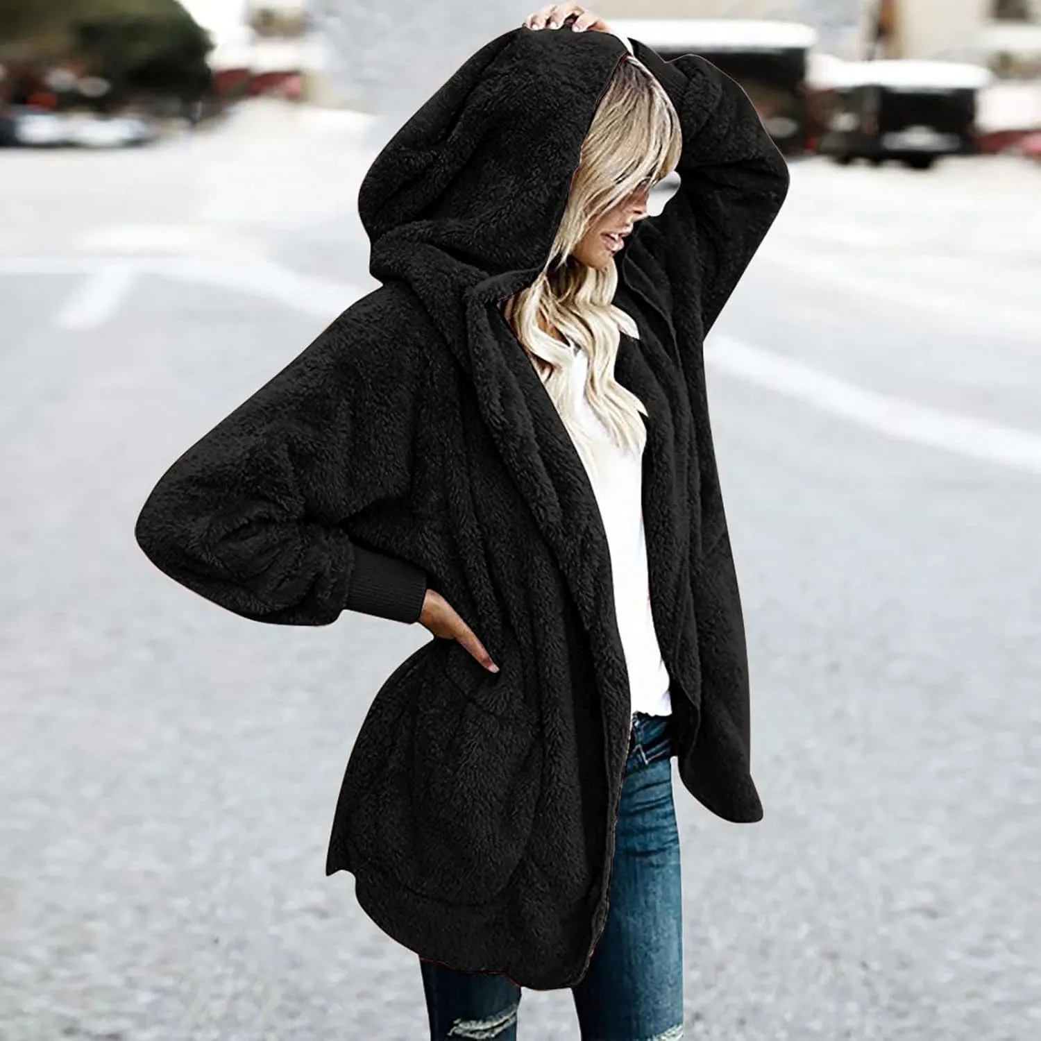 Sherpa Jacket Women Oversized Hooded Fuzzy Fleece Jackets with Pocket Warm Cozy Hoodie Cardigan Coat Plus Size