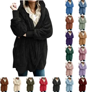 Sherpa Jacket Women Oversized Hooded Fuzzy Fleece Jackets with Pocket Warm Cozy Hoodie Cardigan Coat Plus Size