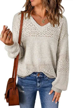 SHEWIN Womens Sweaters Casual Long Sleeve V Neck Lightweight Crochet Pullover Sweater Tops