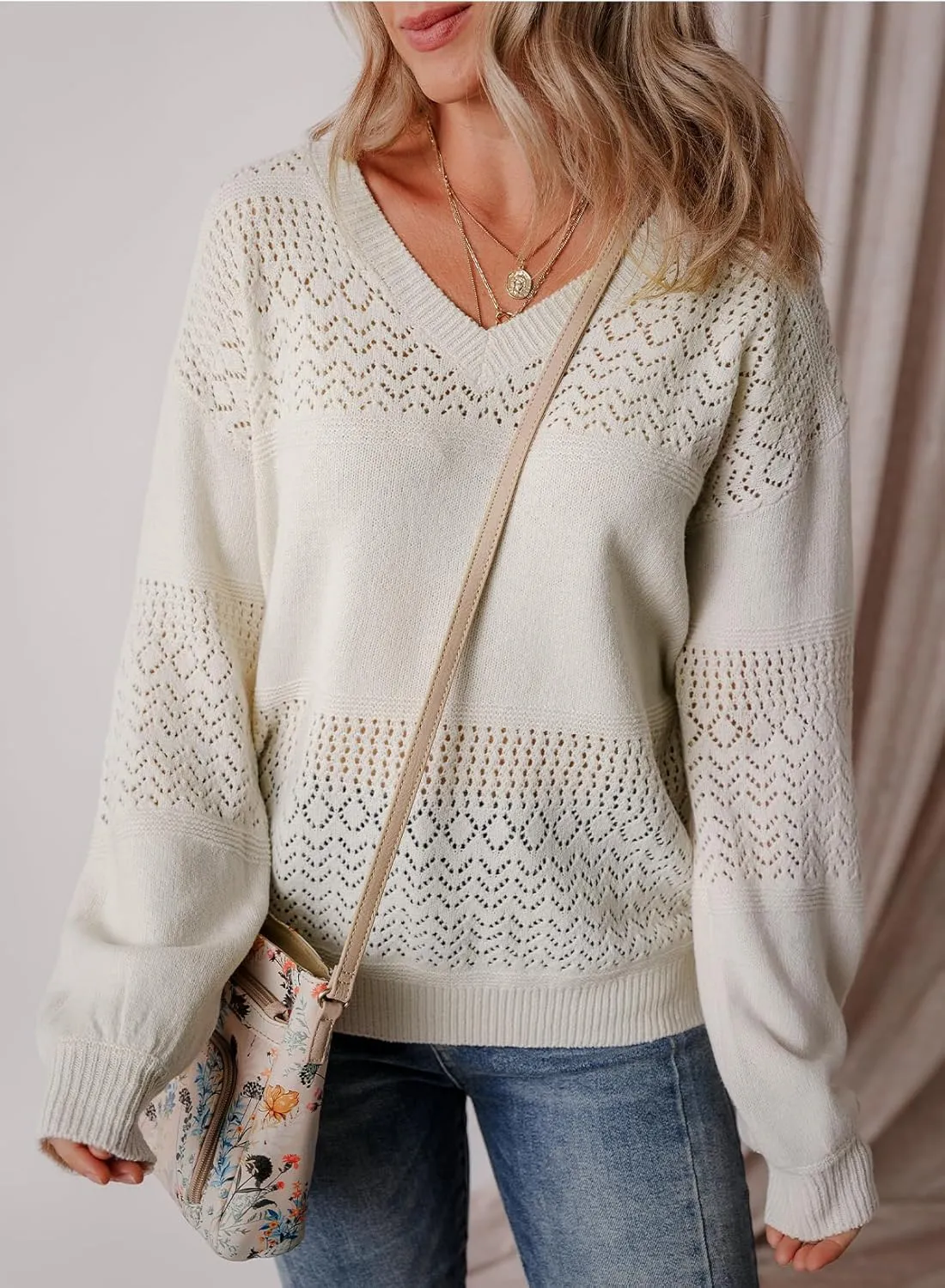 SHEWIN Womens Sweaters Casual Long Sleeve V Neck Lightweight Crochet Pullover Sweater Tops