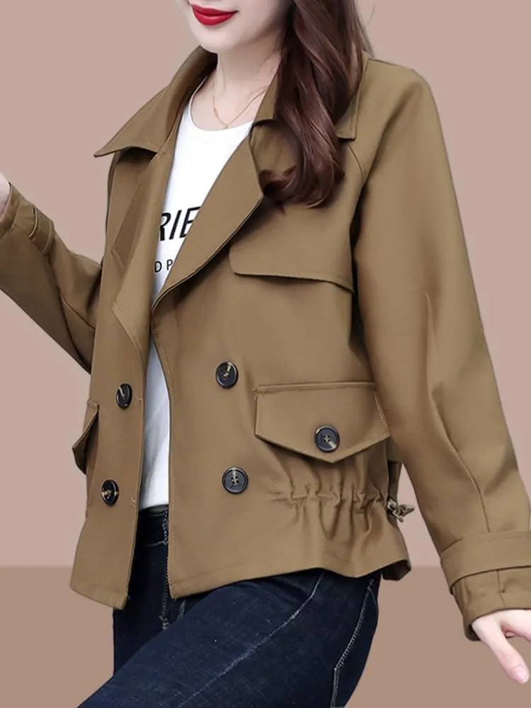 Short Fashion Trench Coat Women Plus Size Casual Lapel Double Lightweight Slim Fit Jacket