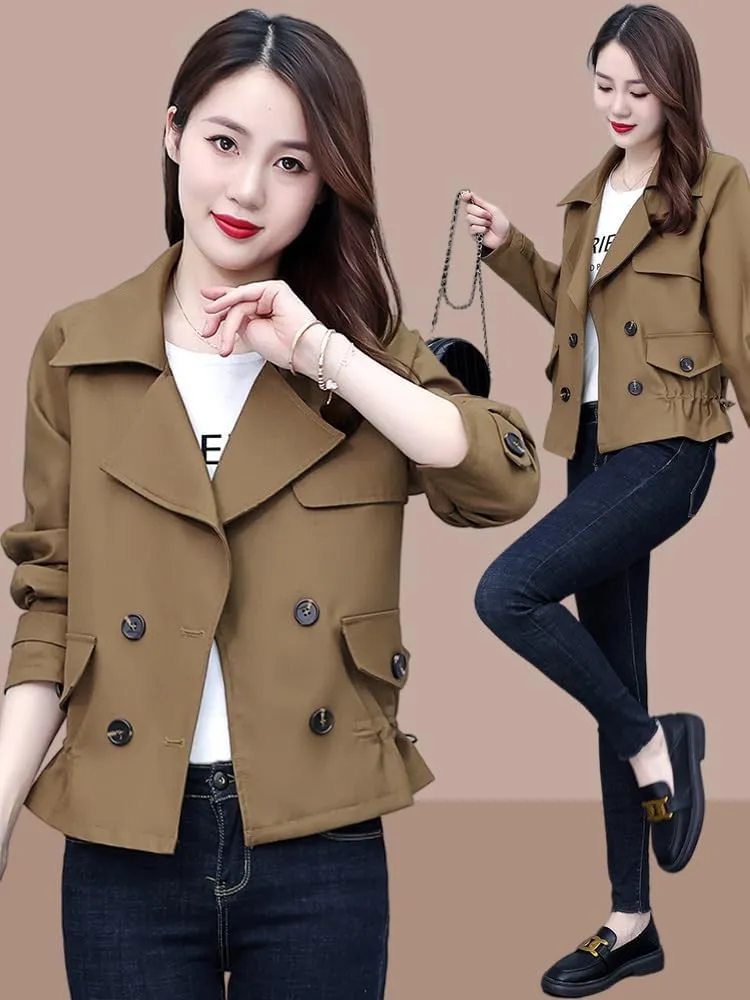 Short Fashion Trench Coat Women Plus Size Casual Lapel Double Lightweight Slim Fit Jacket
