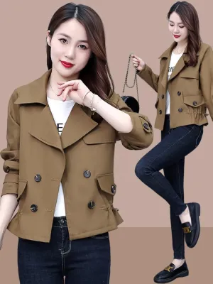 Short Fashion Trench Coat Women Plus Size Casual Lapel Double Lightweight Slim Fit Jacket