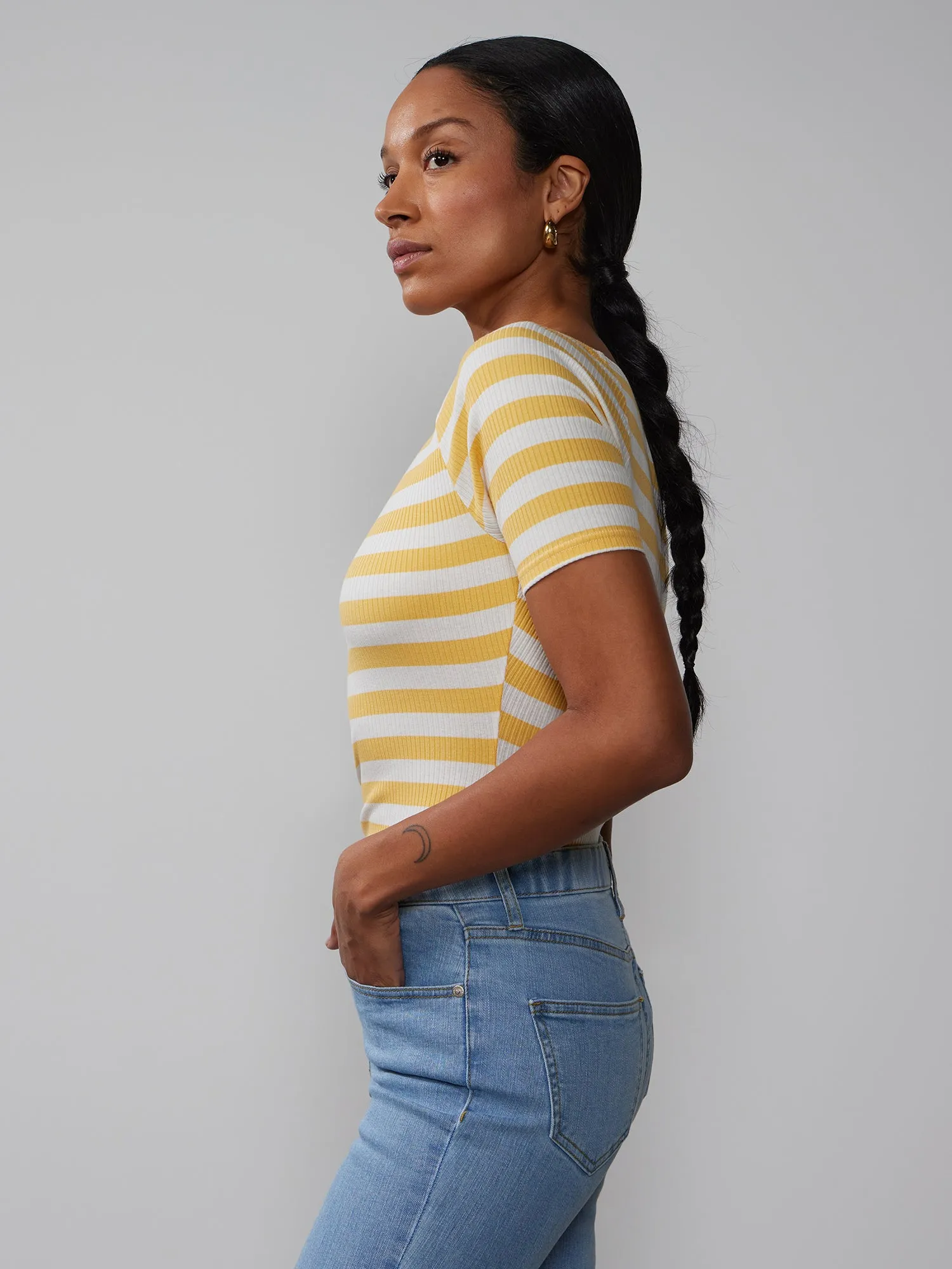 Short Sleeve Boat Neck Ribbed T-Shirt