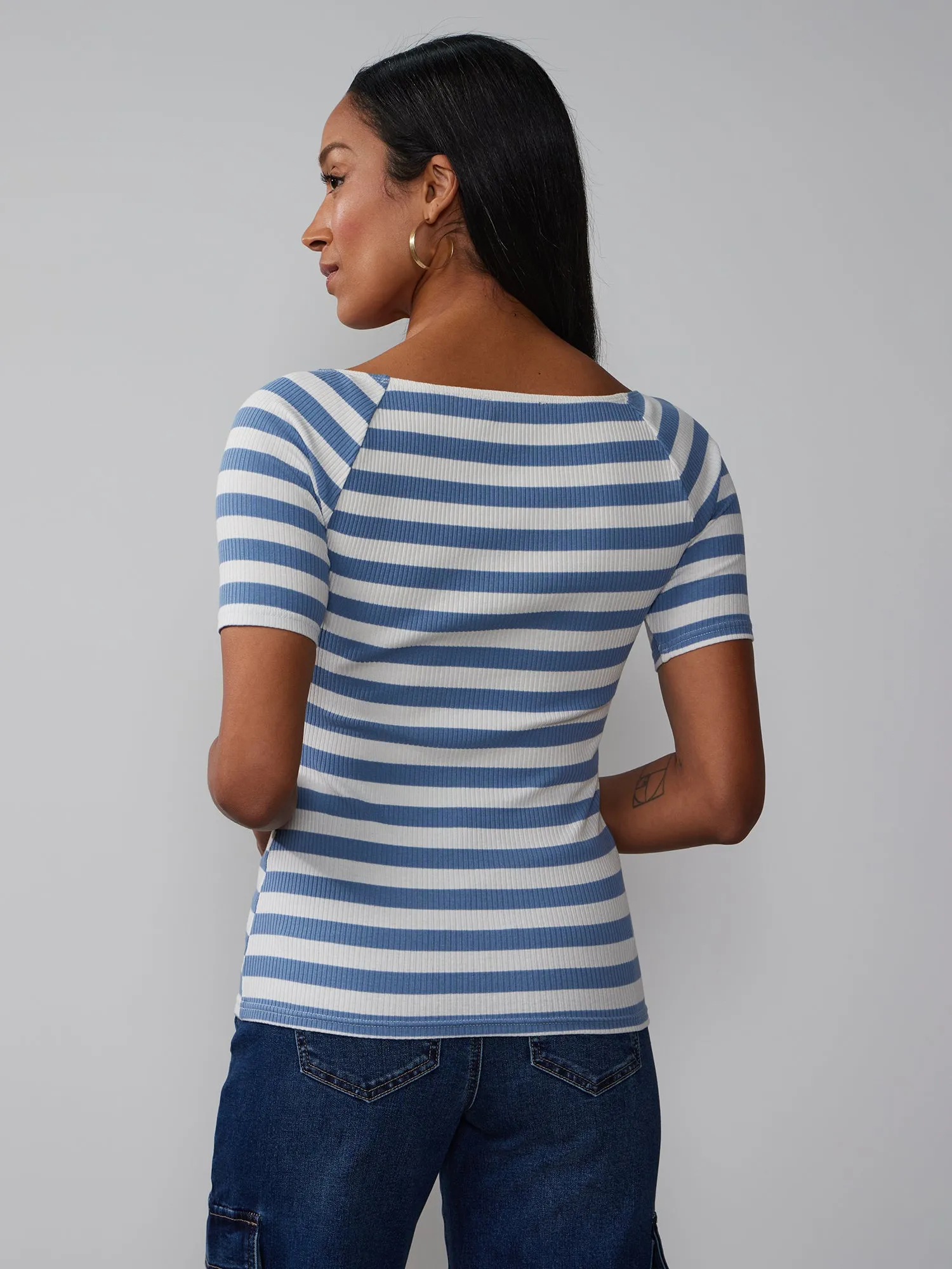 Short Sleeve Boat Neck Ribbed T-Shirt