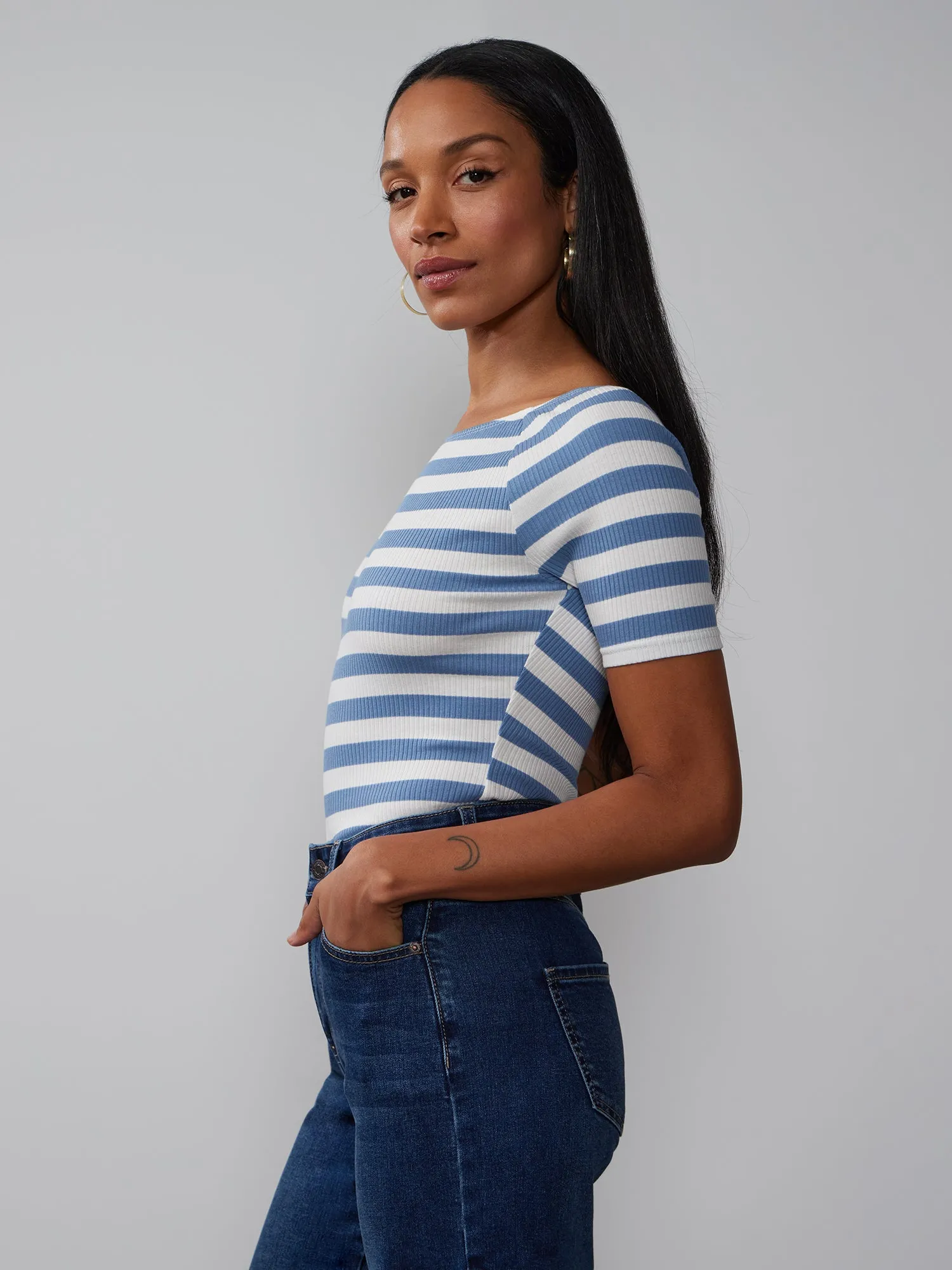 Short Sleeve Boat Neck Ribbed T-Shirt