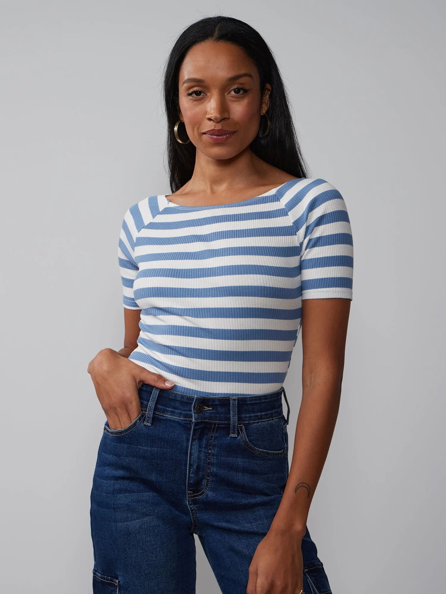 Short Sleeve Boat Neck Ribbed T-Shirt