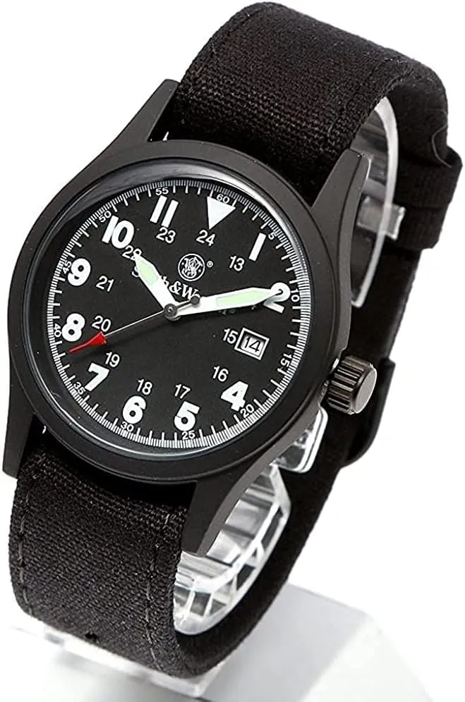 Smith & Wesson Men's Military Watch, 3 Interchangeable Canvas Straps, 3 ATM Water Resistant, Date Display, Scratch Resistant Glass, Suitable for Outdoor Activities, Swimming, 38 mm, Christmas Gift
