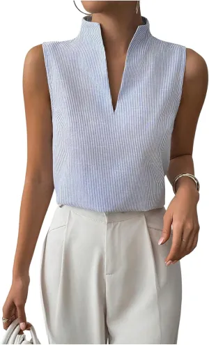 SOLY HUX Women's Work Outfits V Neck Sleeveless Blouses Summer Casual Tank Tops Business Office Dressy Striped Shirts