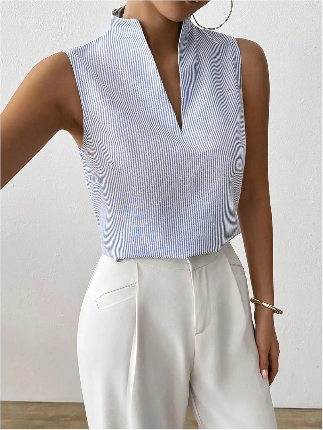 SOLY HUX Women's Work Outfits V Neck Sleeveless Blouses Summer Casual Tank Tops Business Office Dressy Striped Shirts