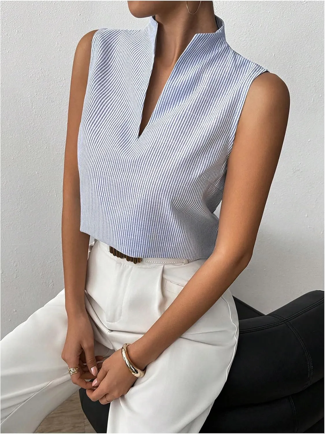 SOLY HUX Women's Work Outfits V Neck Sleeveless Blouses Summer Casual Tank Tops Business Office Dressy Striped Shirts